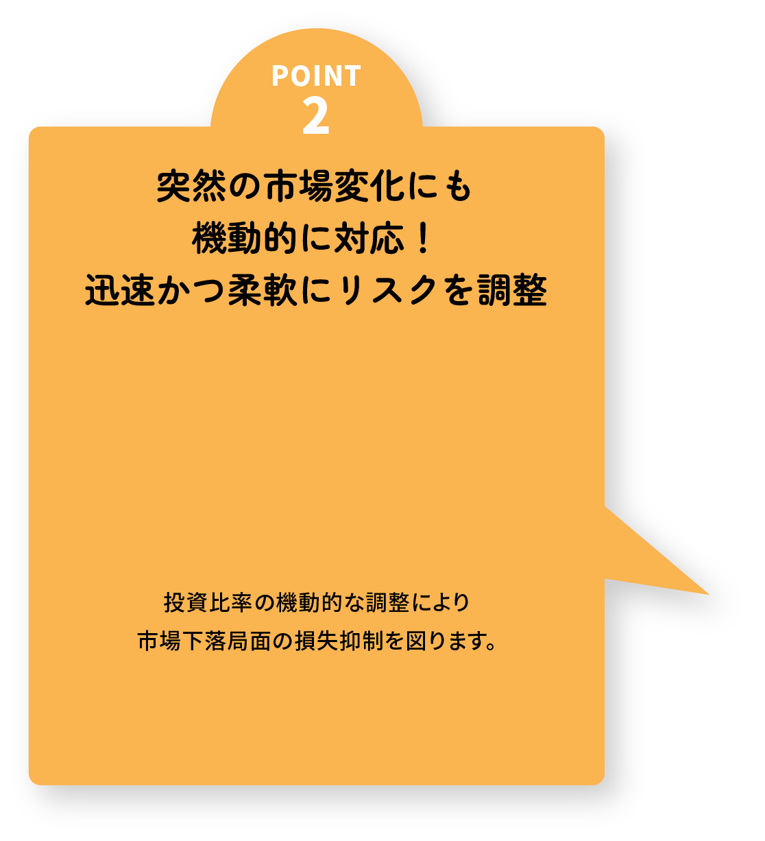 突然の市場変化にも機動的に素早く対応!迅速かつ柔軟にリスクを調整 投資比率の機動的な調整により市場下落局面の損失抑制を図ります。