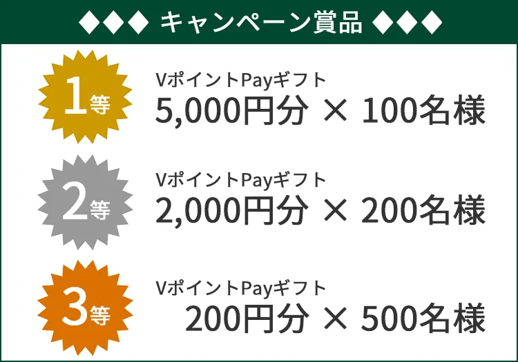 キャンペーン賞品はこちら 1等：VポイントPayギフト 5,000円分×100名様／2等：VポイントPayギフト 2,000円分×200名様／VポイントPayギフト 200円分×500名様
